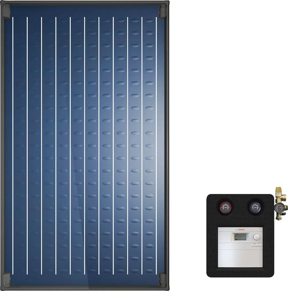 Solarkollektor mit blauer Oberfläche und weißem Rahmen, daneben ein Anschlussmodul mit Druckanzeigen und Anschlüssen, hergestellt von Bosch.